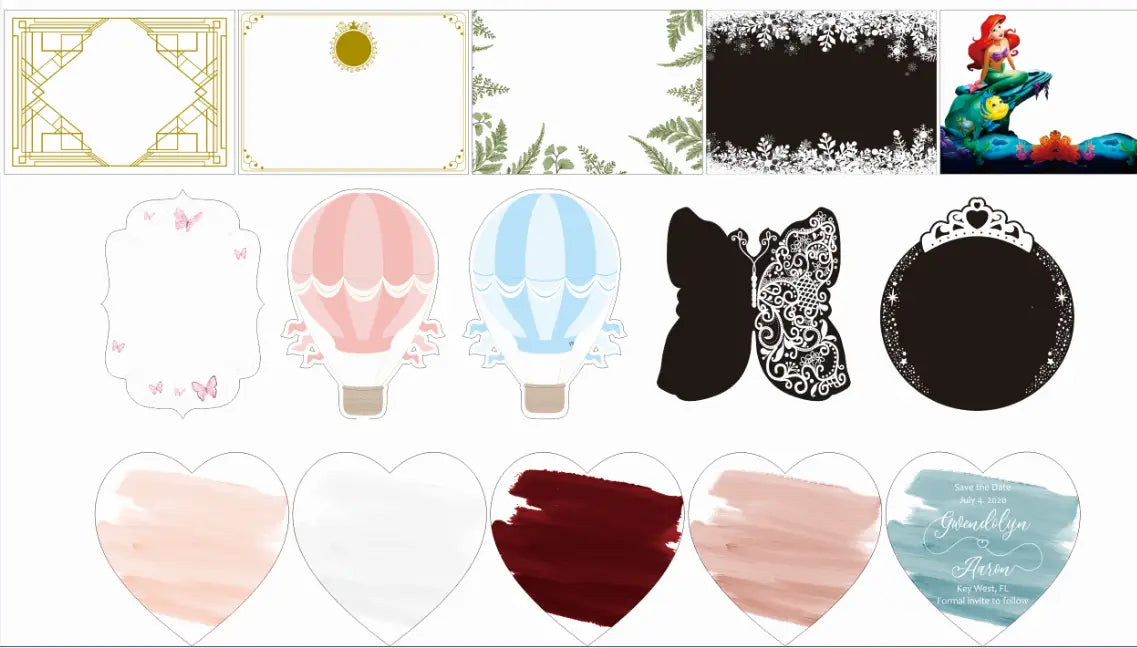 a collection of custom acrylic shabbat candle blessing souvenir 10pcs featuring decorative printable card templates with geometric frames, pink and blue hot air balloons, a black lace butterfly, and heart-shaped designs in blush, white, deep burgundy, and watercolor teal.
