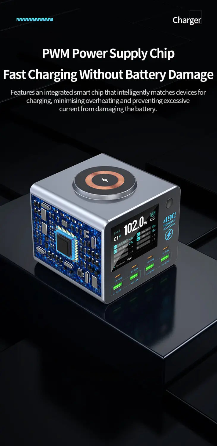 Silver metallic 140w 9-port smart gan desktop charger featuring a pwm power supply chip charger with digital display multiple usb ports and an integrated smart circuit board.