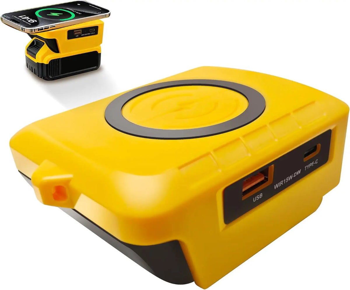 Wireless Charger Adapter for Dewalt 20V Battery,15W Max Wireless Charging Adapter with Type C &USB 2.1A Fast Charge Ports