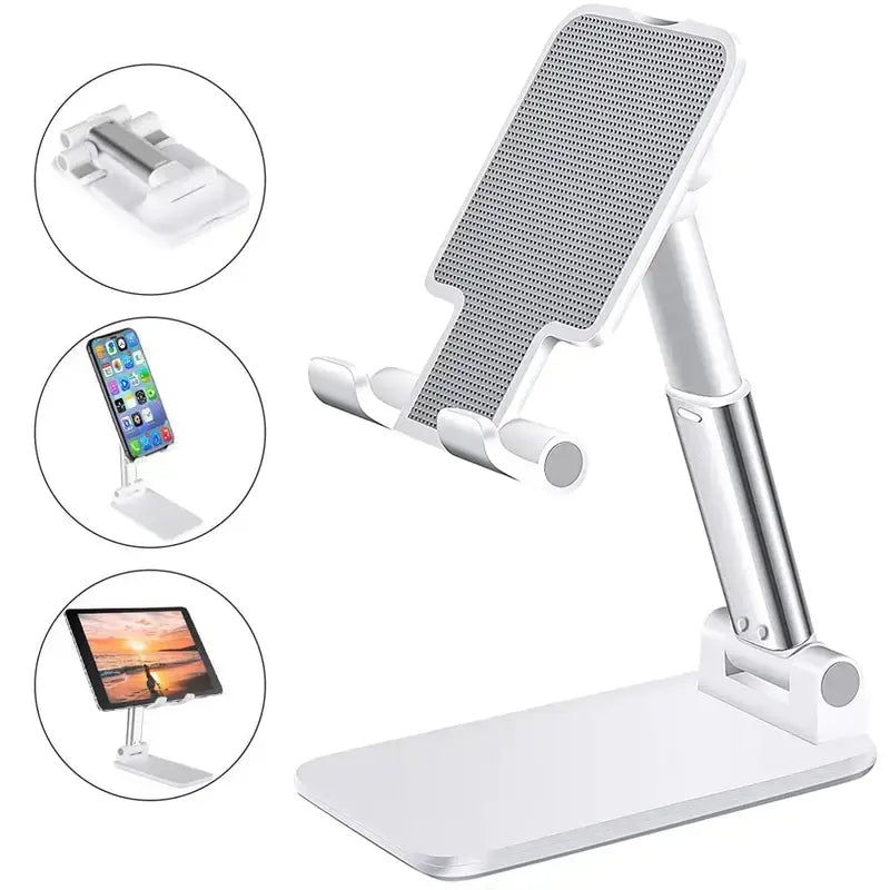 Support réglable pour téléphone de bureau et tablette en argent et blanc, avec une surface de préhension texturée et des fonctionnalités réglables.