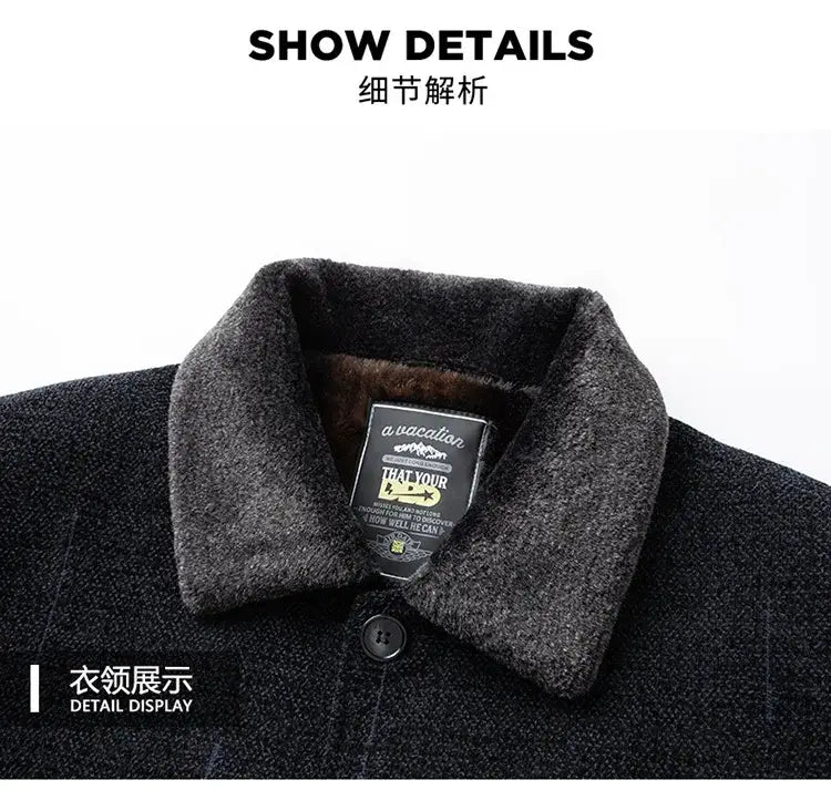 Men wool blend winter trench coat in dark gray featuring a plush textured collar and a black button at the neckline