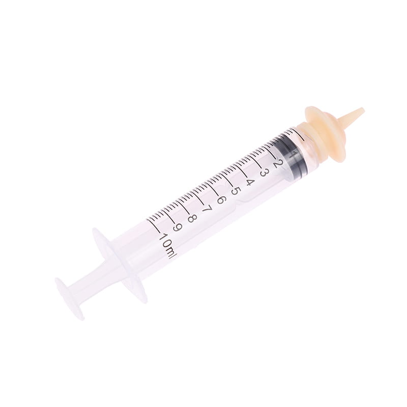 Clear plastic 10ml oral syringe with beige silicone nipple feeder attachment for pet feeding in 1ml 3ml 5ml and 3ml 5ml 10ml sizes.