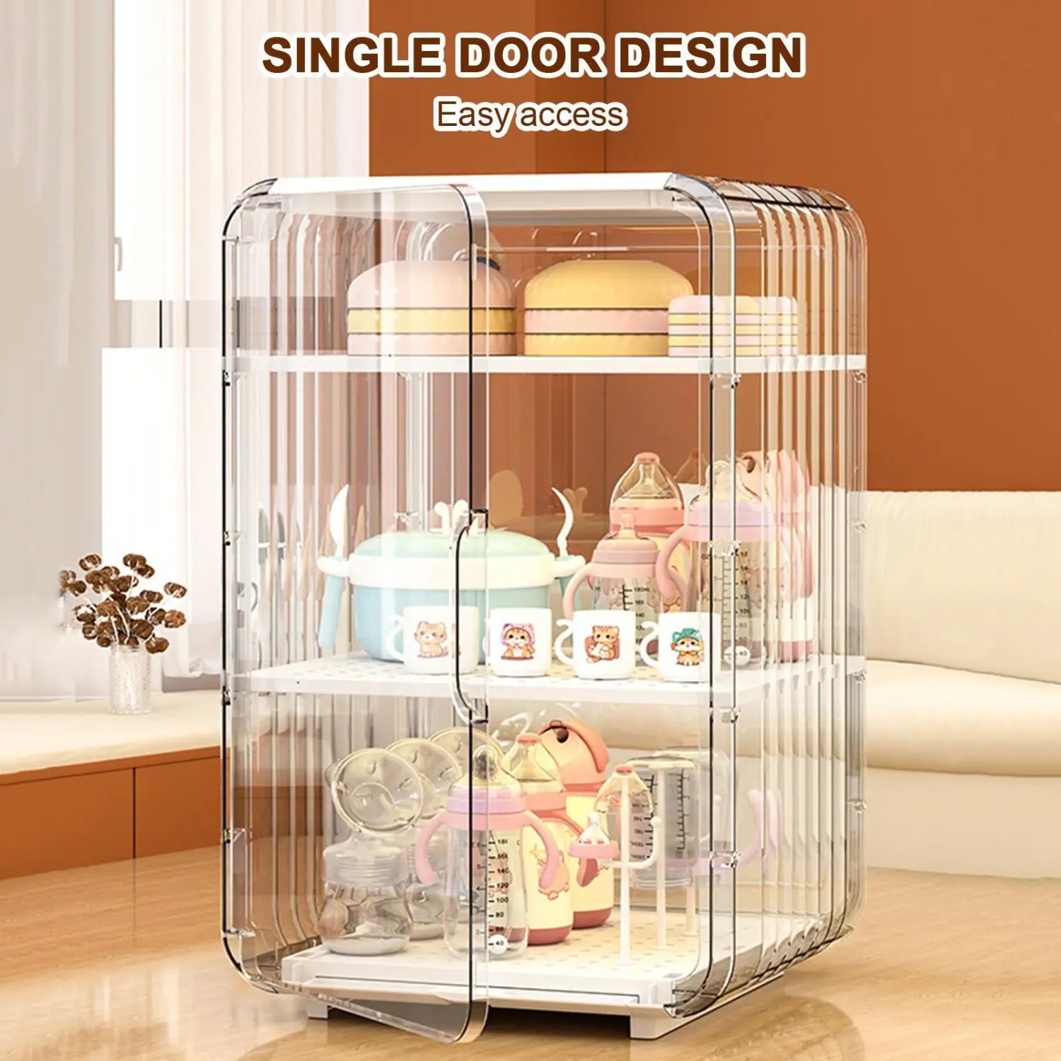 Klare Acryl-Babyflaschen-Aufbewahrungsbox mit drei Ablagen und einem Einzeltür-Design zur staubgeschützten Aufbewahrung von Babynahrung.