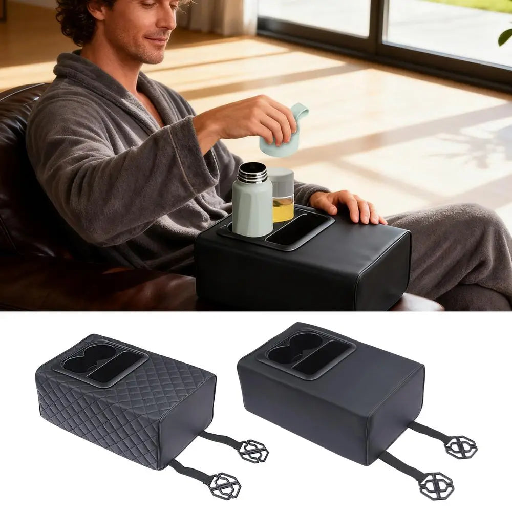 Organizador negro acolchado y de tejido sólido para consola de automóvil con portavasos y espuma viscoelástica, que incluye un reposabrazos con portavasos e incluye una bandeja integrada para el teléfono