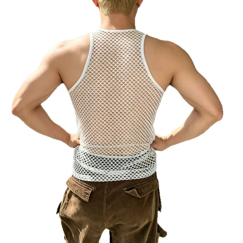 Men Sexy Tank Tops Hollow Mesh Transparent Vest Thin Breathable Sleeveless T-Shirts Workout Fitness Singlets Sport Muscle Vests