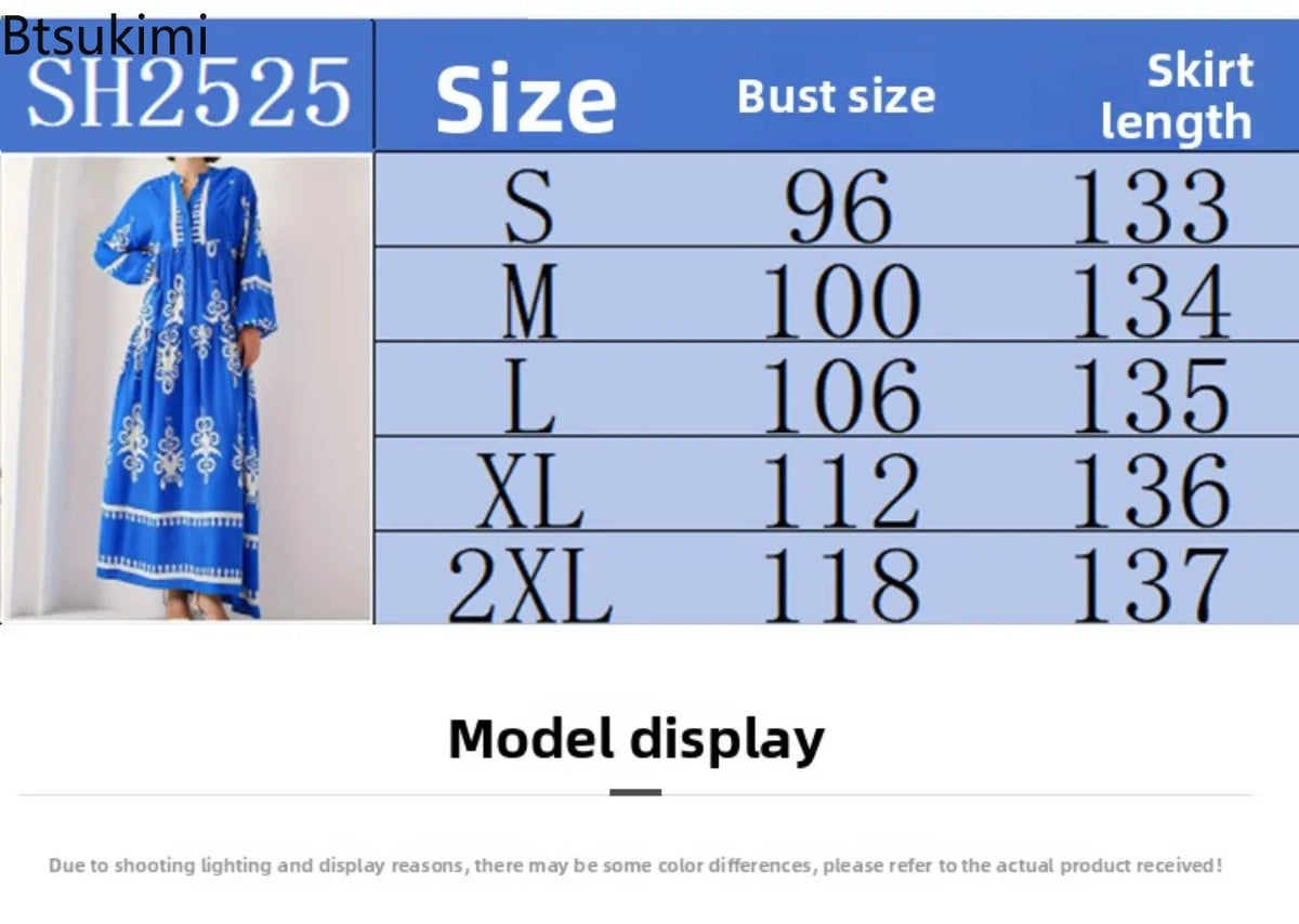 New Women's Loose Ethnic Retro Dress Spring Autumn Print V Neck Casual Long Dress Arab Style Bohemian Maxi Dresses Muslim Abayas