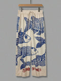 Women's Wide Leg Pants 2026 Autumn Fashion Elastic Waist Drawstring Straight Loose Trousers with Fish Print Casual