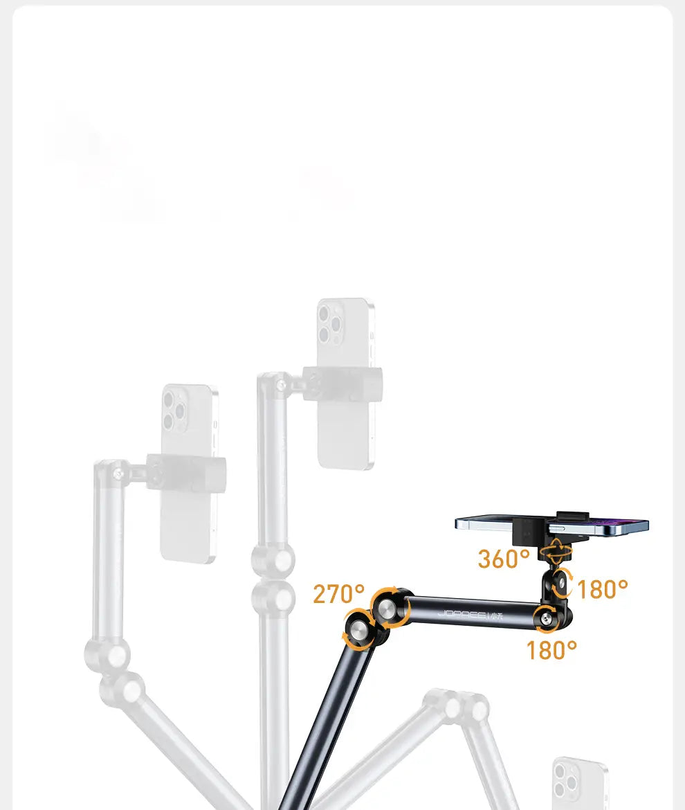black and gold aluminum alloy adjustable smartphone tripod arm with multiple rotation angles for flexible positioning in a tablet and phone floor stand