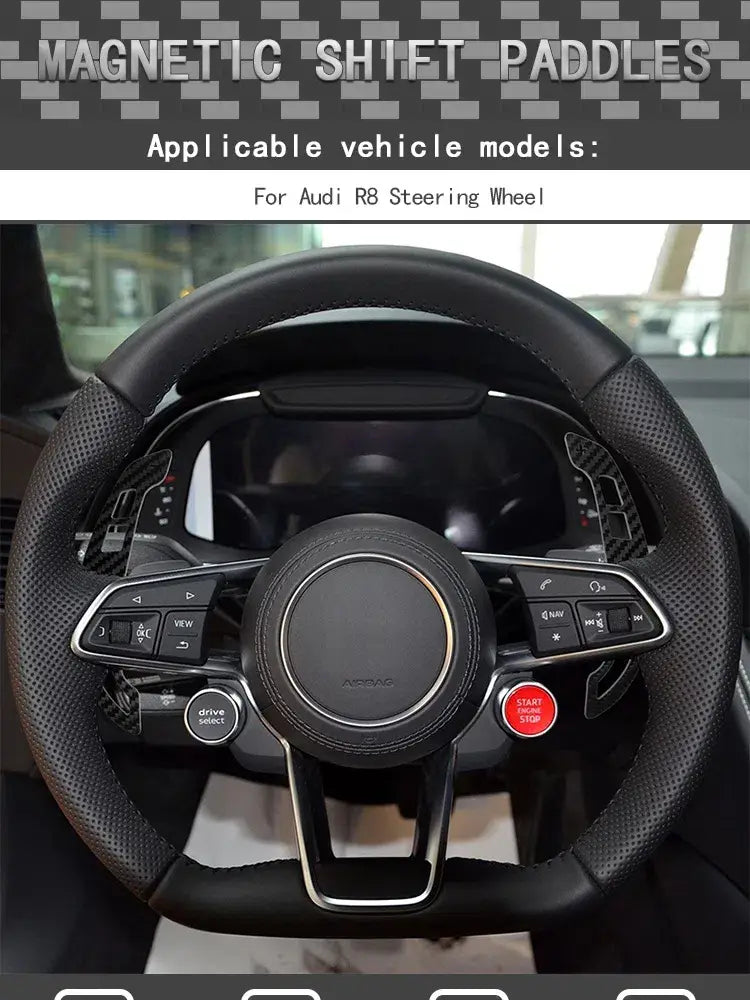Paletas de cambio magnéticas de fibra de carbono para el Audi R8 en color negro con ribete plateado y un botón de arranque/parada rojo, diseñadas para los volantes del Audi R8