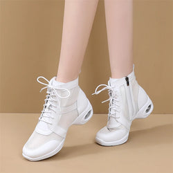 Women's Dancing Shoes Soft Bottom Leather mid Heel Black Mesh Breathable Square Dance Shoes Jazz Sailor Dance Footwear