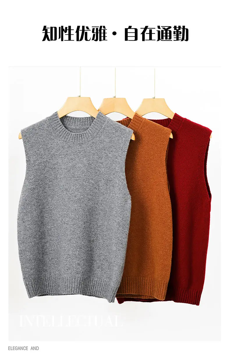 women wool knit vest crew neck casual sweater in gray with warm-toned knit, ribbed neckline, and hem, sleeveless design.