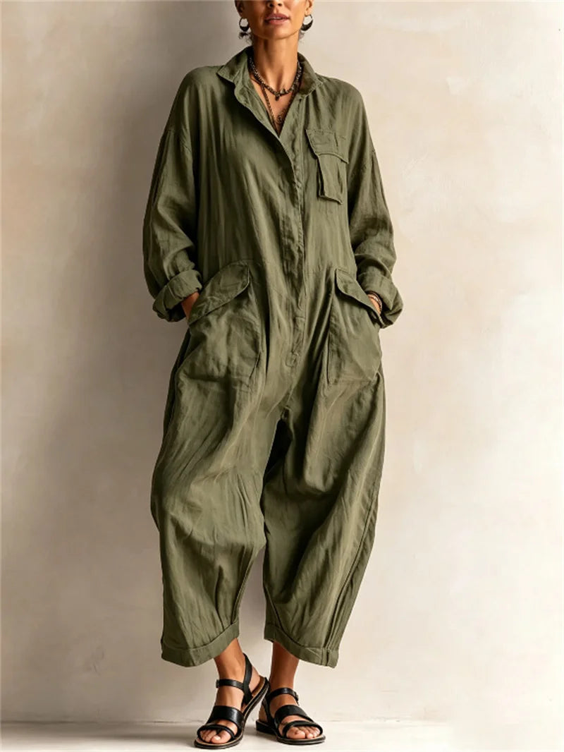 2026 Women Jumpsuits Rompers Long Sleeveless Lapel Loose Comfortable Solid Pocket Vacation Casual Jumpsuits Women's Clothing