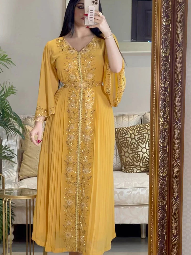 Evening Party Dress Women Eid Morocco Muslim Abaya for Women Diamond Islamic Embroidery Dresses Belt Kaftan Vestidos Maxi Abayas
