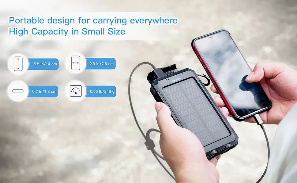 Black rugged solar-powered portable charger with built-in battery and charging cable for outdoor use solar power bank 20000mah rugged portable charger.