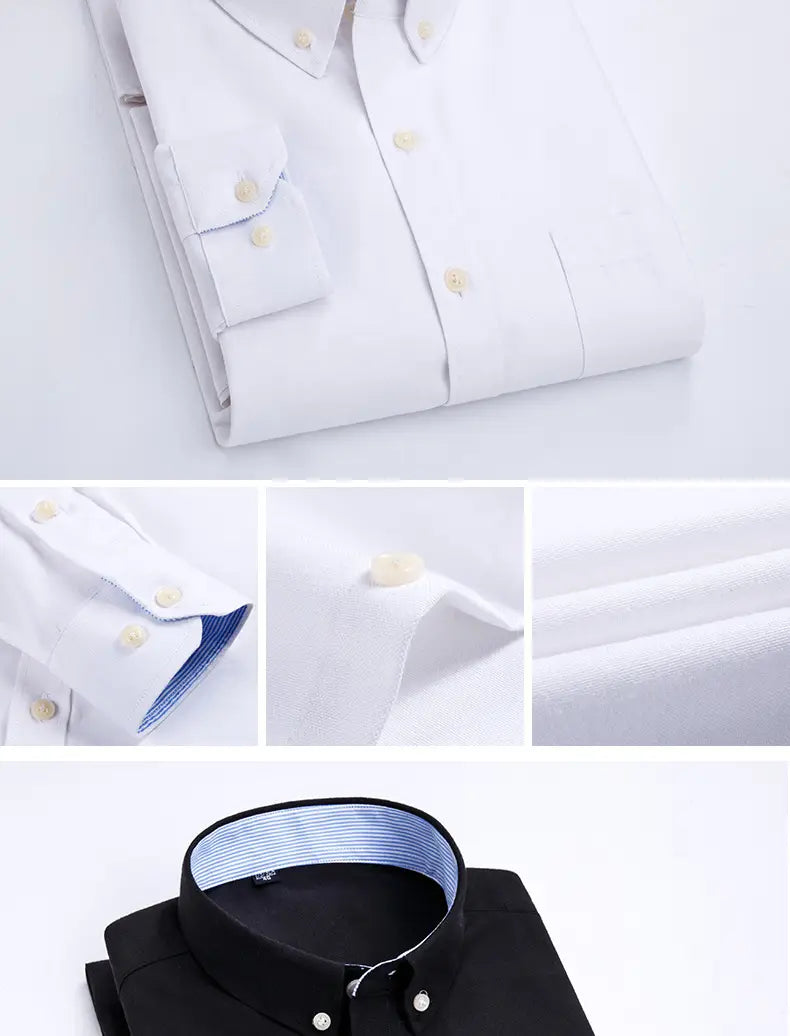 mens light blue oxford shirt casual long sleeve featuring a white button-down design with subtle blue pinstriped inner lining and matching buttons paired with a black shirt with silver-toned hardware.