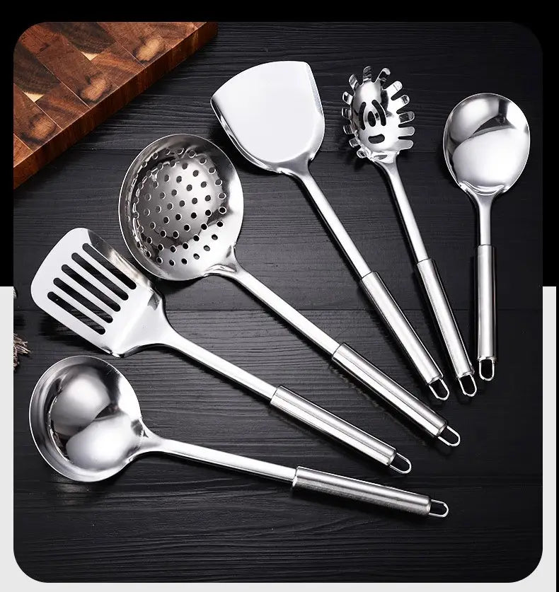 Set of six shiny stainless steel kitchen utensils with sleek reflective surfaces and ergonomic handles from a stainless steel kitchen utensil set 9-piece cooking tools.