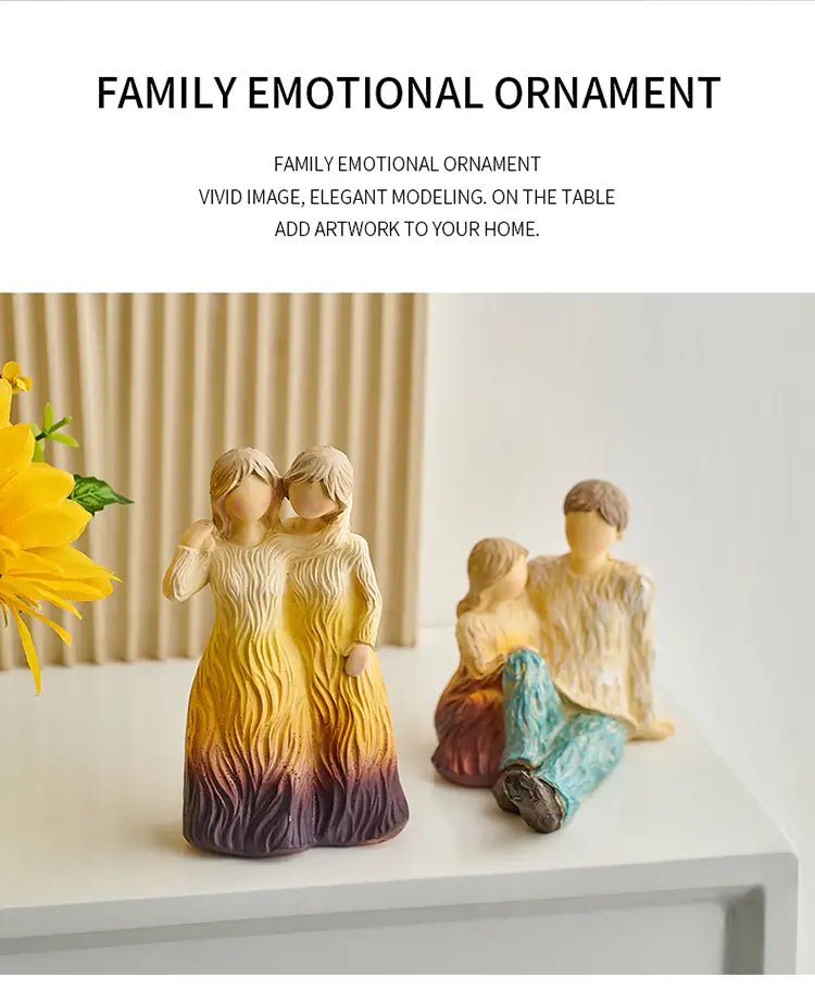 Two ceramic resin family figurines with painted gradient-colored dresses and textured surfaces for abstract art home decor.