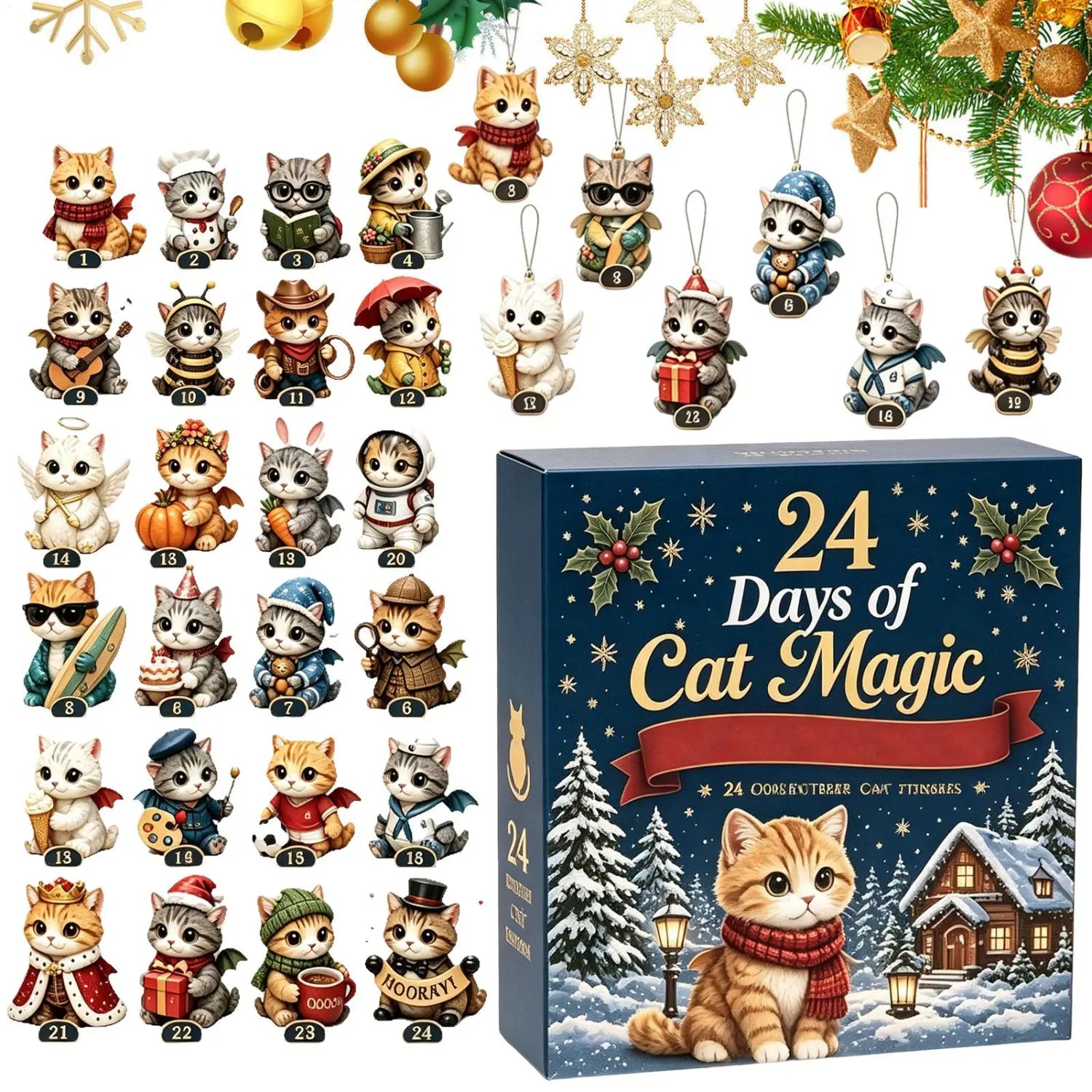 Le calendrier de compte à rebours pour Noël avec le chat est un ensemble d’ornements de Noël en acrylique, composé de 24 adorables figurines de chat portant des tenues festives, présentées dans une boîte bleue aux motifs de houx et de flocons de neige.