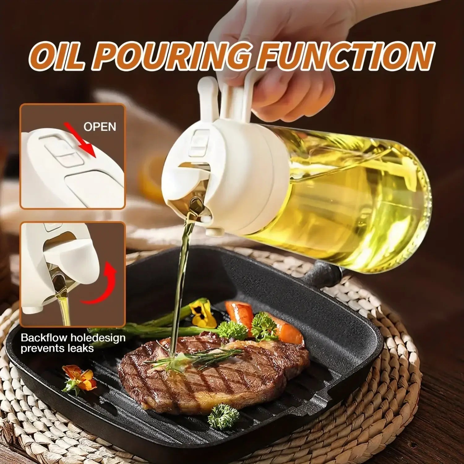 vaporisateur d’huile en plastique blanc avec une poignée ergonomique élégante et un corps en verre transparent rempli d’une huile de cuisine jaune doré pour une pulvérisation d’huile efficace dans la cuisine.