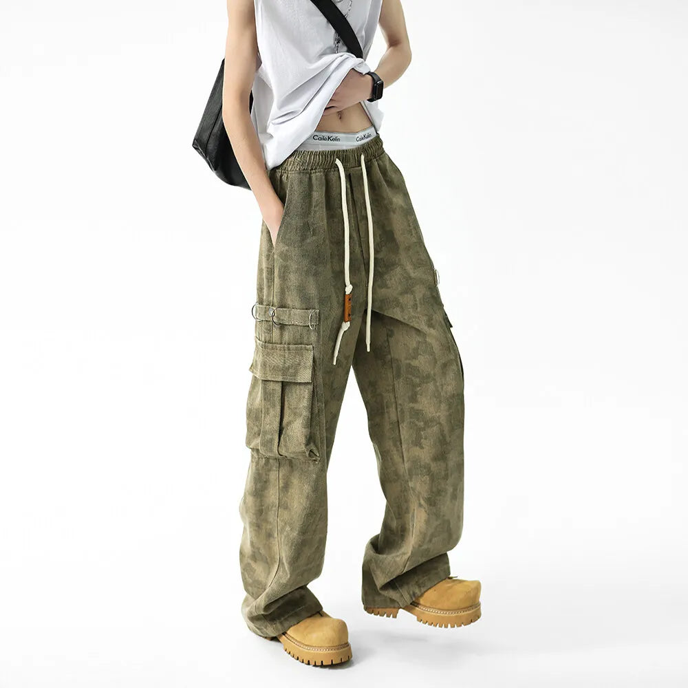 Men Military Camo Workwear Cargo Pants Elastic Waistband Drawstring Tactical Joggers Loose Straight Leg Big Side Pockets Outdoor