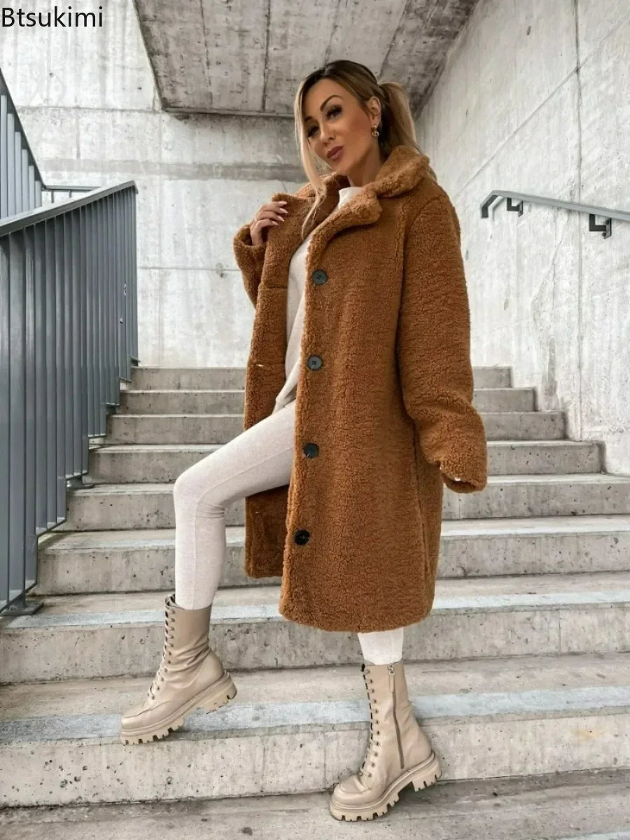 2026 Women's Winter Faux Wool Blends Warm Coat Single Breasted Outerwear Teddy Plush Overcoats Female Chic Streetwear Coats 5XL