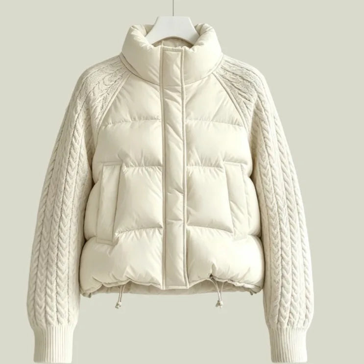 Winter New Women Down Cotton Parkas Jacket Cable Knit Sleeve Spliced Stand Collar Thick Warm Short Coat Petite Ladies Outerwear