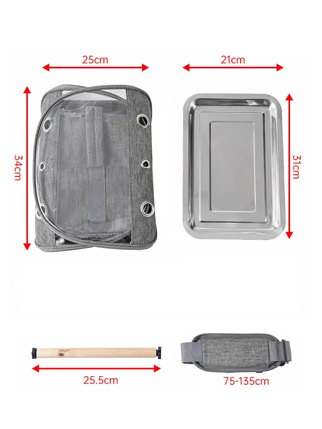 Gray textured fabric portable pet backpack clear window carrier with transparent panel and metal grommets designed to hold a rectangular stainless steel tray