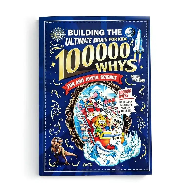 Ein blaues Hardcover-Kinder-Sachlexikonbuch für Naturwissenschaften mit dem Titel 100000 Whys von Doris Walton, mit einer lebhaften Cartoon-Tierillustration vor einem raumfahrtinspirierten Hintergrund.
