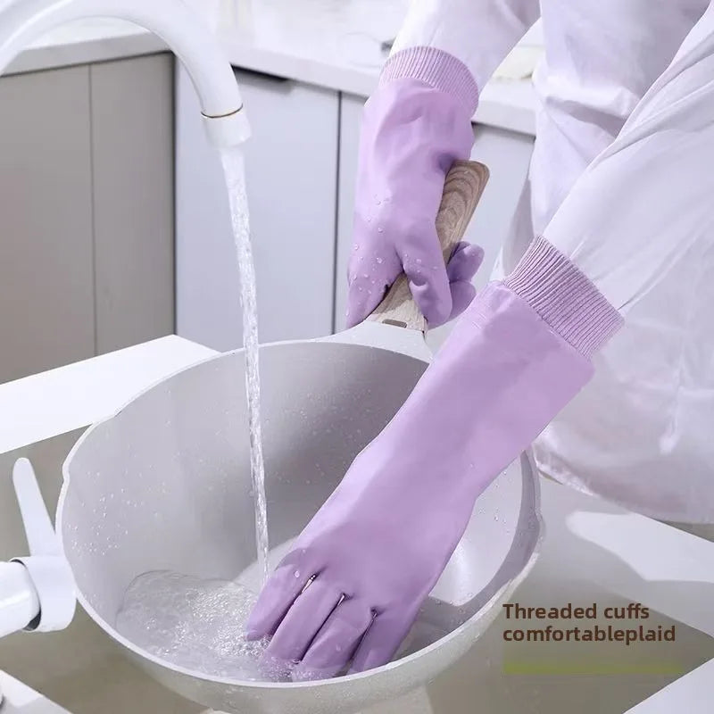 Dishwashing Gloves Women Waterproof and Durable Housework Laundry Thickened Velvet Warm Non-slip Fit Threaded Latex Rubber
