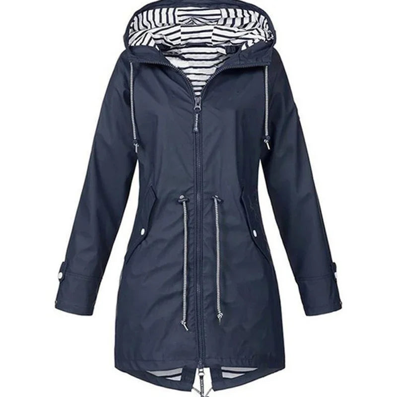 Women's Lightweight Waterproof Raincoat Ideal for Casual Outdoor Hikes Trench Style with Drawstring