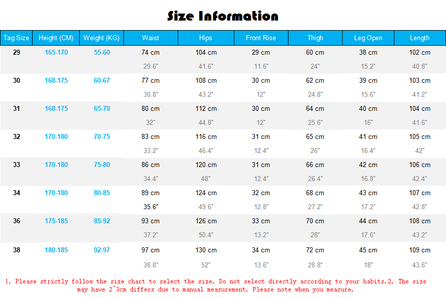 size information chart for distressed patchwork denim jeans men showing garment measurements in centimeters and inches from size 29 to 38.