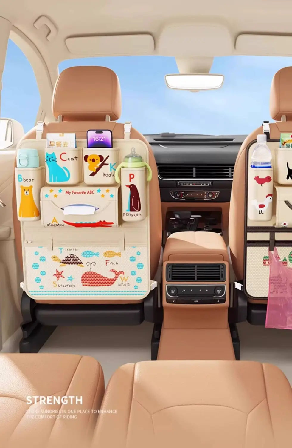 Beige car seat organizer with colorful cartoon animal and alphabet designs featuring multiple storage pockets for bottles phones and tissues.