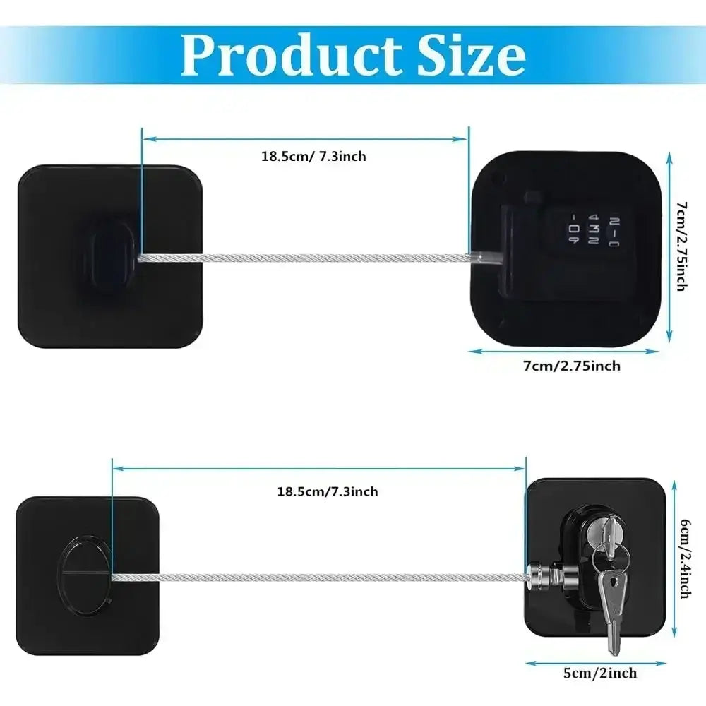 Black square wall-mounted child safety refrigerator and cabinet lock strap with silver steel wire and combination or key-operated locking mechanism.