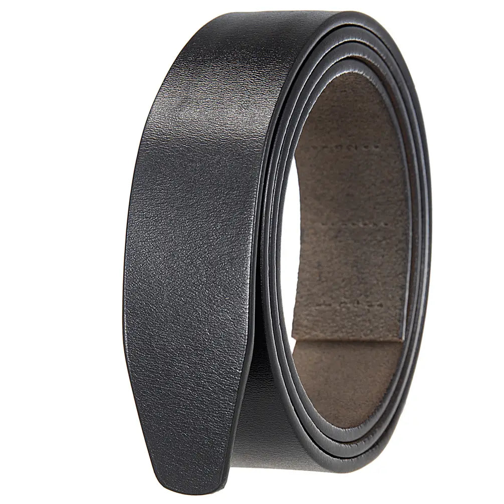 Ceinture en cuir noire à cliquet pour homme, sangle sans trous 3,5 cm, avec surface texturée lisse et surpiqûres visibles le long des bords.