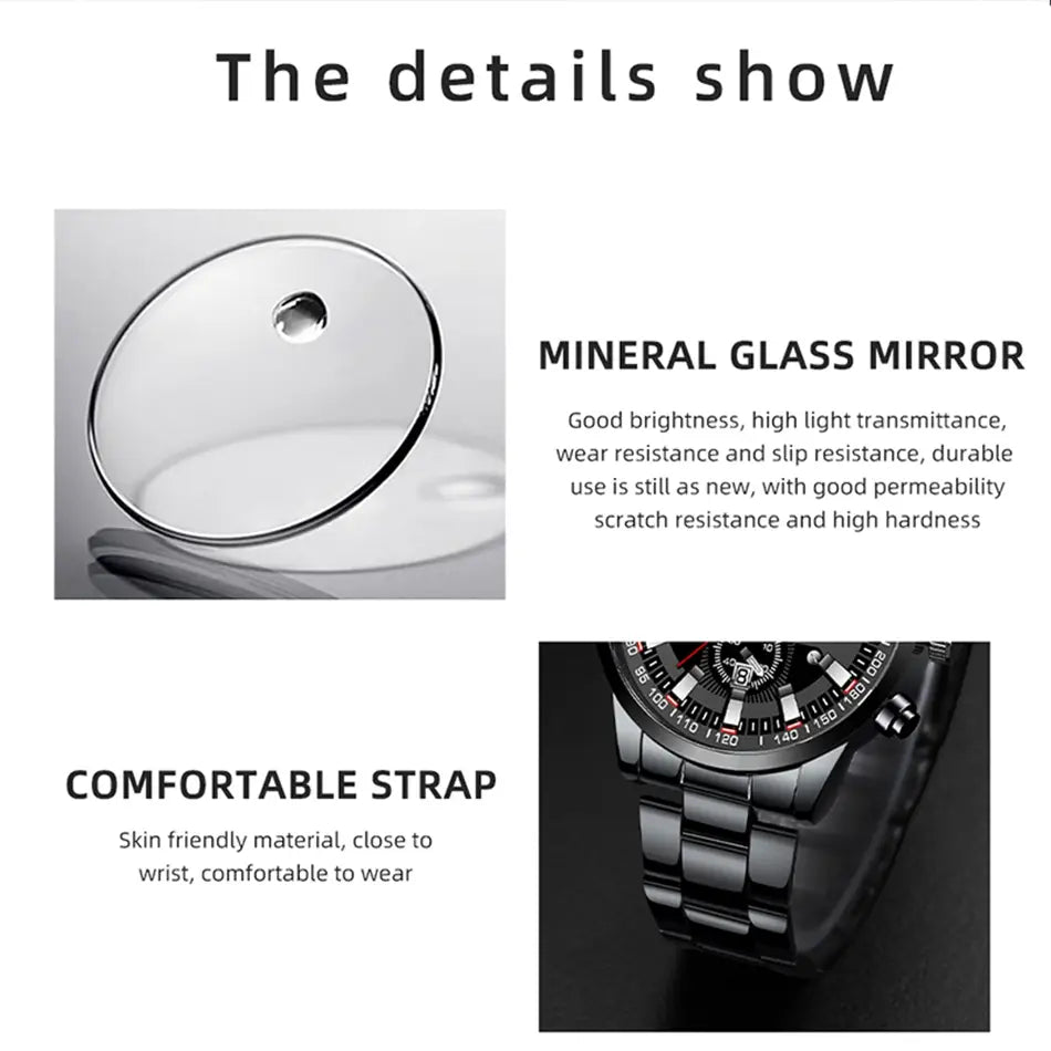 Montre pour homme Deyros en acier inoxydable noir, en quartz, présentant un verre minéral noir, un design circulaire épuré et un cadre métallique poli.