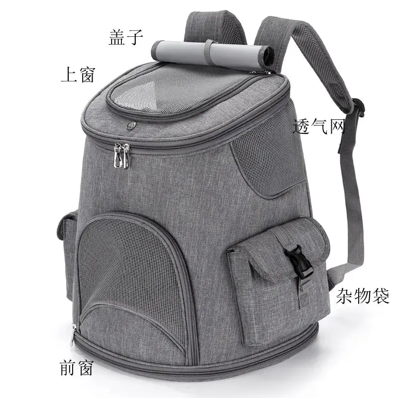Mochila de viaje para mascotas de tela Oxford texturizada color gris, con ventanas de malla y bolsillo frontal, diseñada para caminatas y suministros para mascotas.