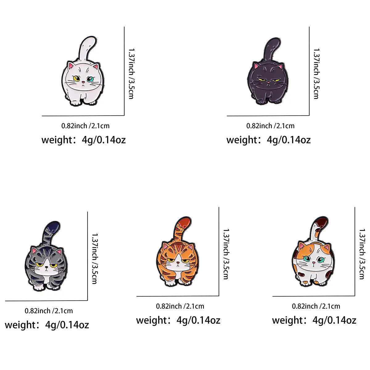 Cute cartoon cat enamel lapel pin set featuring assorted colors and patterns made of durable enamel for decorative accessory use.