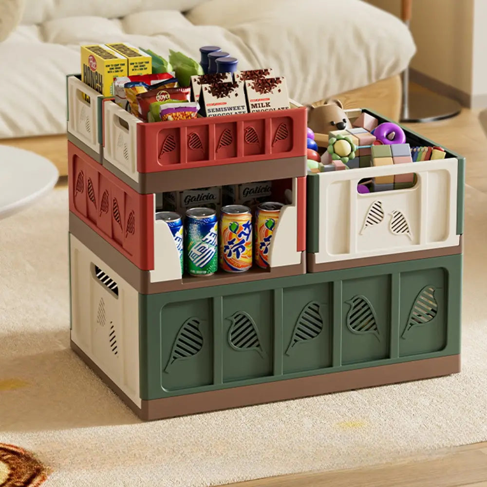 foldable storage basket plastic stackable organizer featuring stacked multi-colored crates with leaf and bird cutout designs showcasing actual goods without chromatic aberration effects