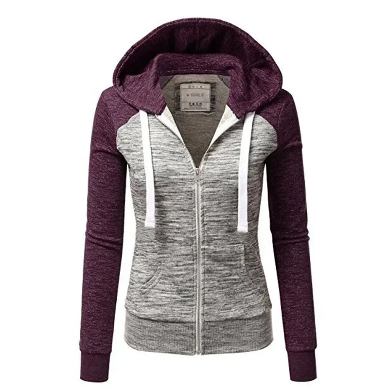 2026 Women's Long Sleeve Hoodies Fashion Splice Design Hooded Drawstring Sport Zip-up Coats Women Casual Color Block Sweatshirts