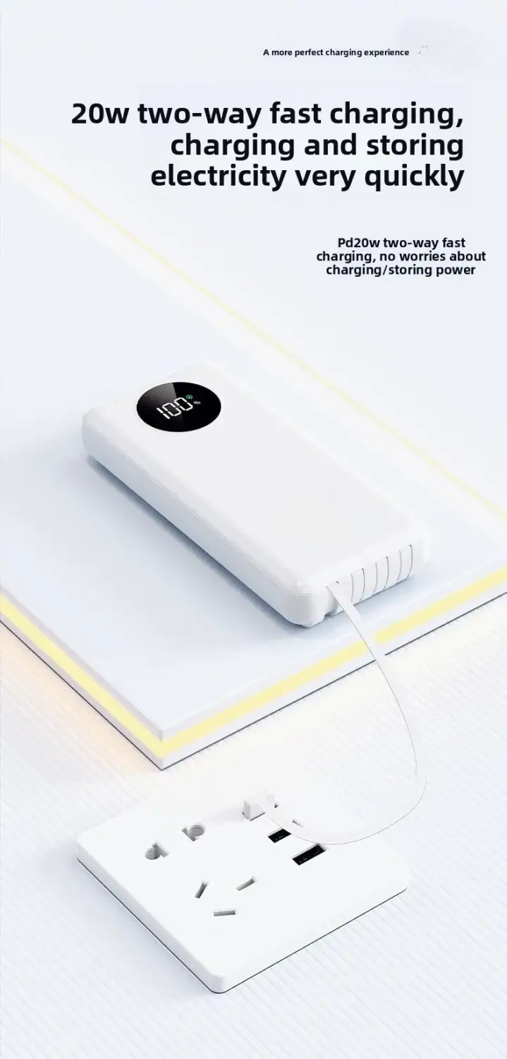 white rectangular power bank 20000mah with circular digital display showing 100 percent charge and multiple usb ports featuring 120w fast charging and 5v2a output