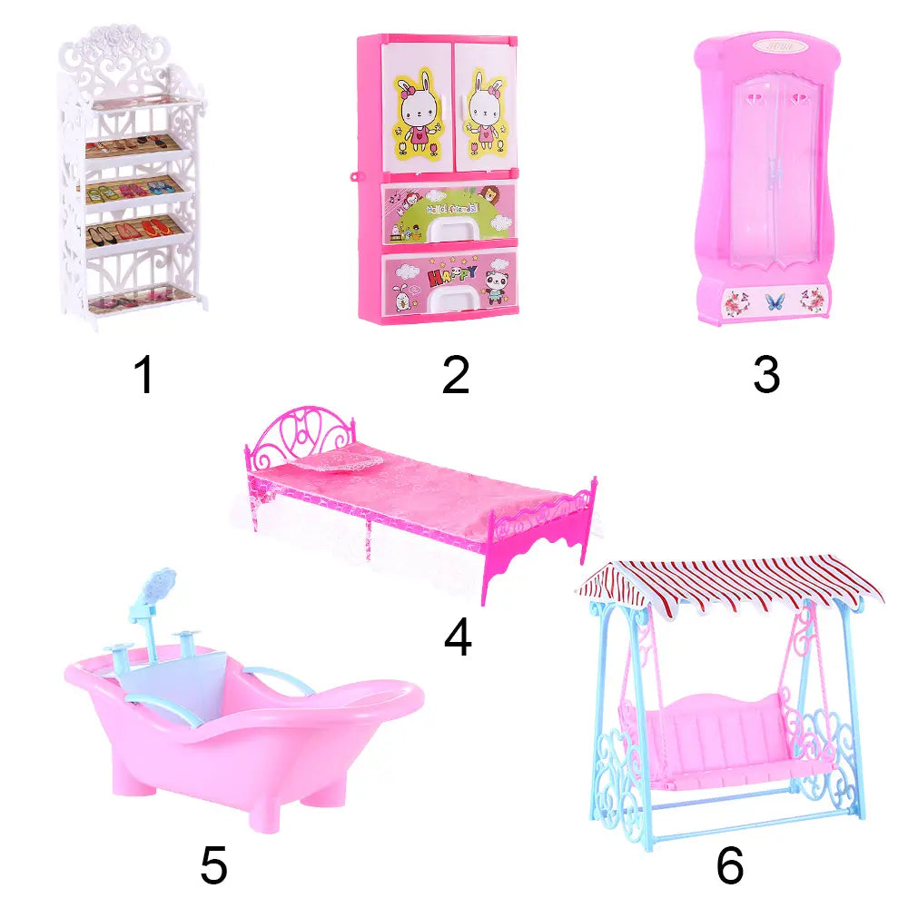 Rosa Kunststoff-Puppenhausbett mit aufwendigem Metallrahmen und passender rosafarbener Matratze aus dem Puppenhaus-Miniaturmöbel-Wohnraumdekoration-Set.