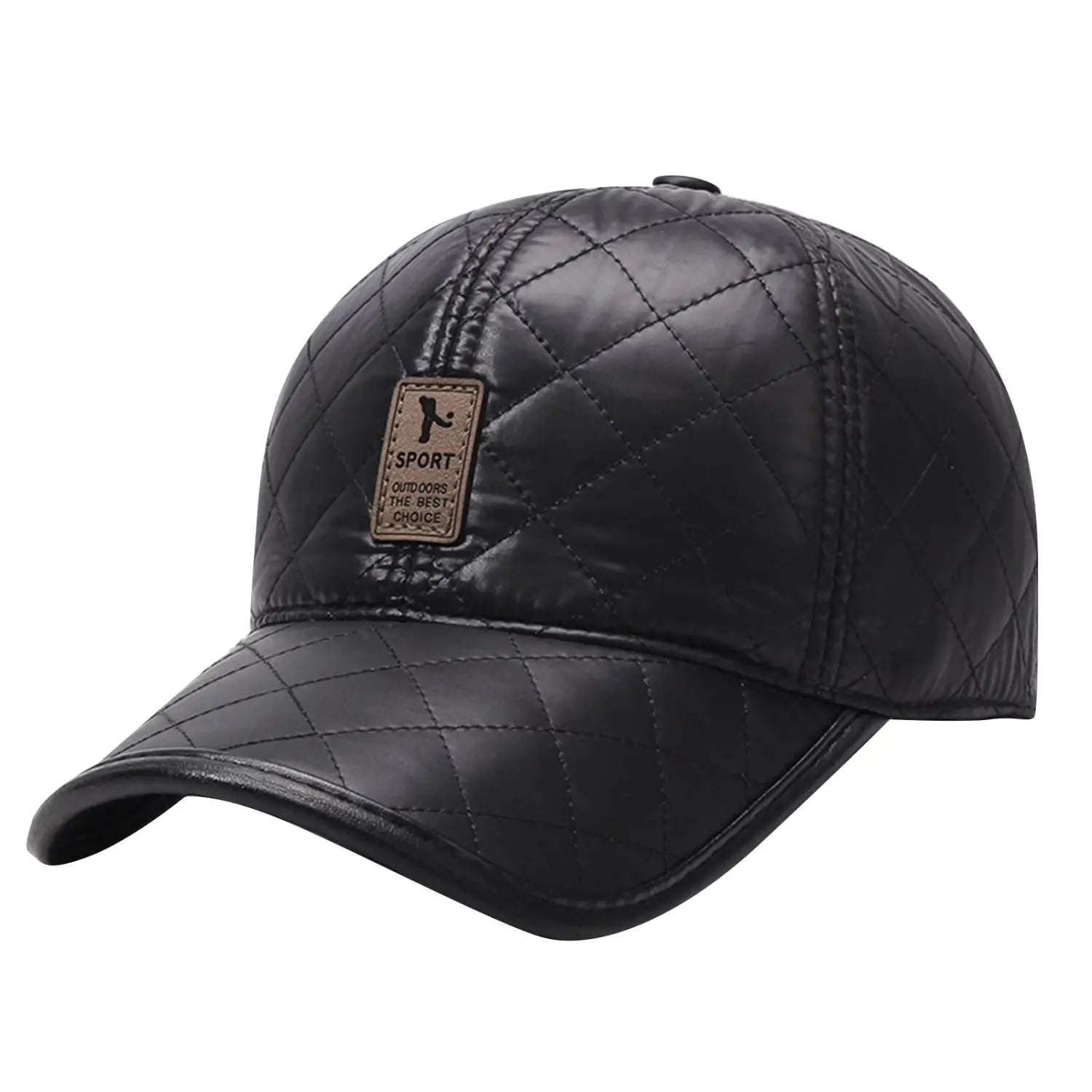 Casquette de baseball en cuir matelassé noir, avec rabats d’oreilles chauds et un écusson marron affichant « sport outdoors the best choice » ; idéale pour les bonnets de Noël et pour un usage par temps froid.