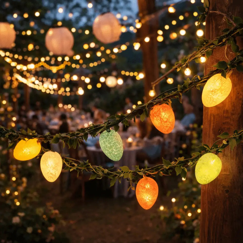 Guirnalda de luz LED en forma de ramita con huevo de Pascua de 2 m, con una cadena de farolillos con forma de huevo que presentan luces cálidas y brillantes en tonos amarillo y verde.