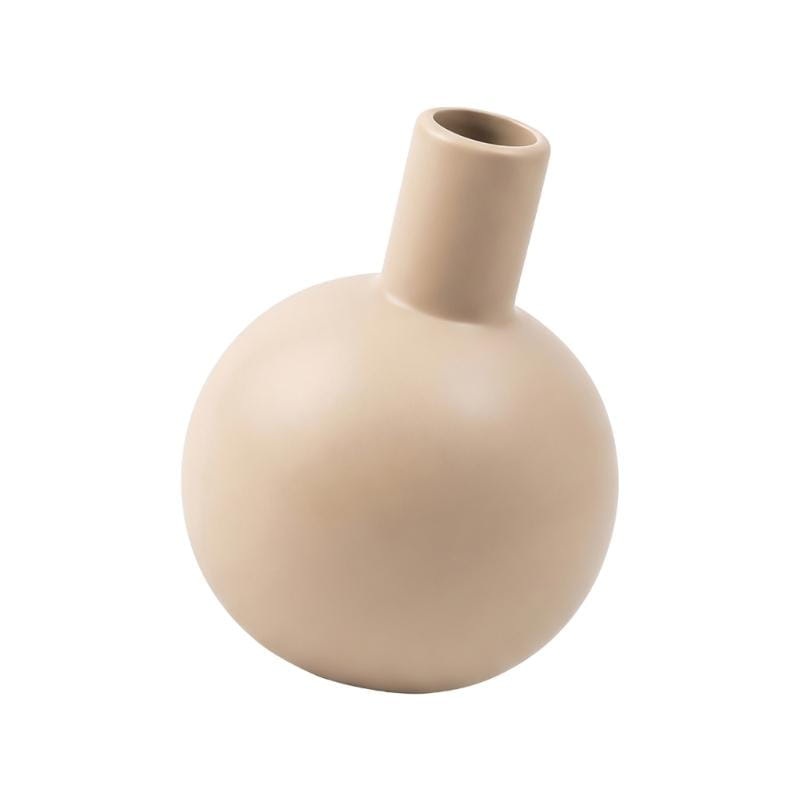 Vase décoratif en céramique beige, pièce unique, à corps arrondi et col élancé, conçu comme vase décoratif en céramique et pot à fleurs blanc cannelé.