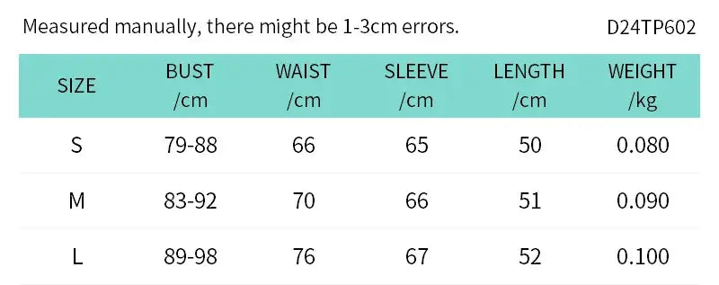 Size chart in centimeters and kilograms for women aesthetic clothes brown lace long sleeve crop top listing sizes S, M, L with bust, waist, sleeve length, total length, and weight measurements.