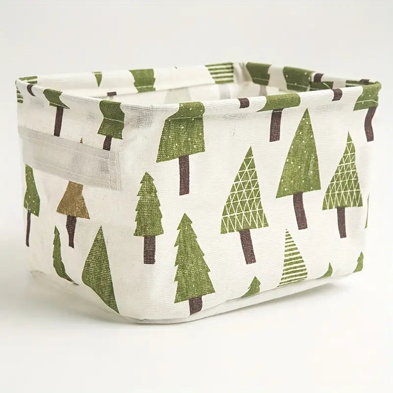 Panier de rangement pliable en tissu blanc avec un motif d’arbres vert et brun, adapté comme panier de rangement ou boîte de rangement
