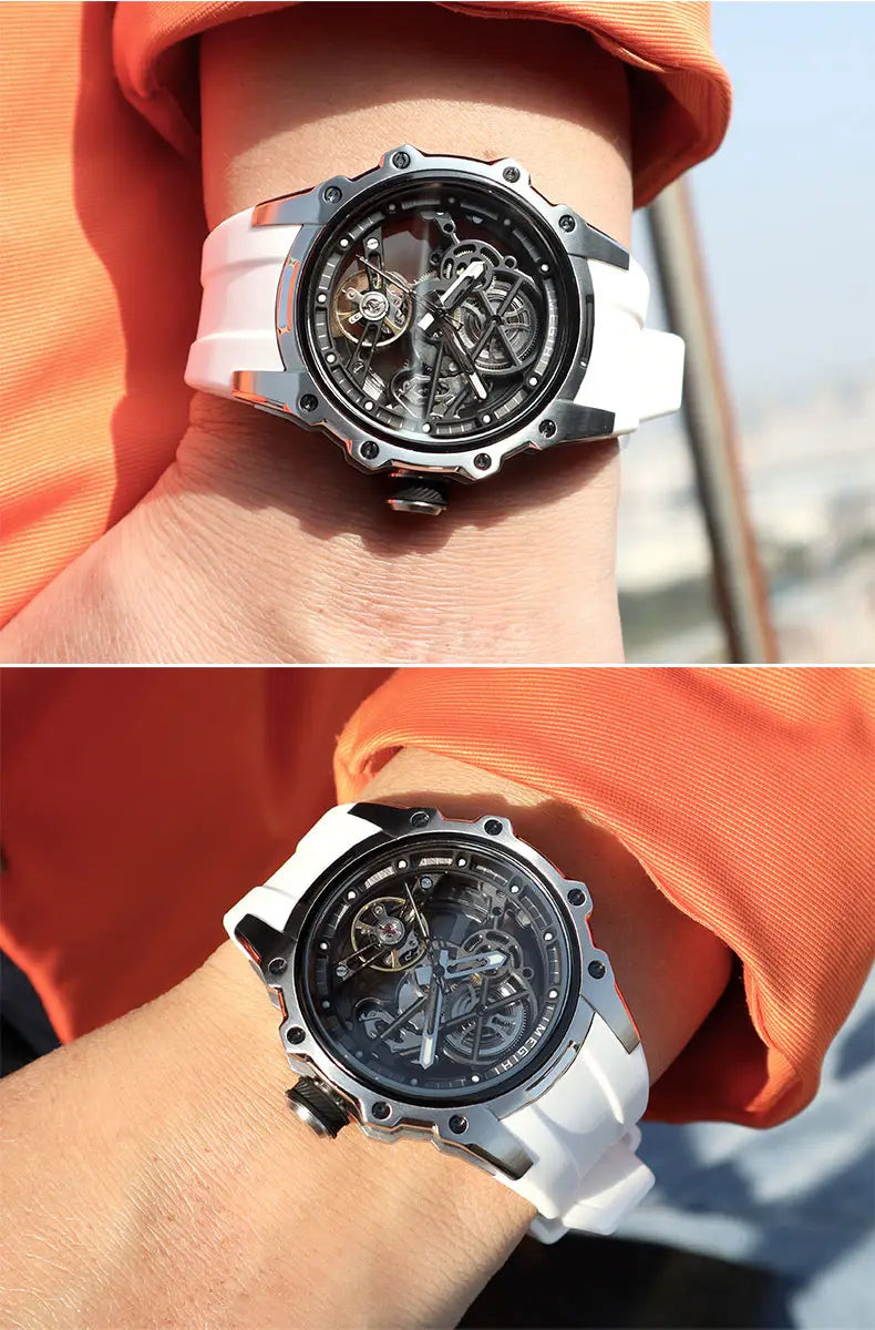Megir automatic skeleton watch with a white silicone rubber strap black dial and exposed mechanical movement.