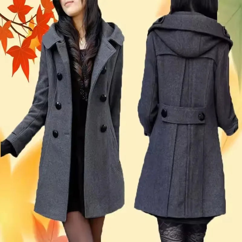 Fashion Winter Warm Mid-length Woolen Coat Women's Fall & Winter Long Sleeve Cotton Jacket with Hood  Double-breasted Outerwear