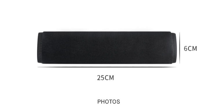 Black rectangular foam grip measuring 25cm by 6cm for plush seat belt covers and car shoulder pads.