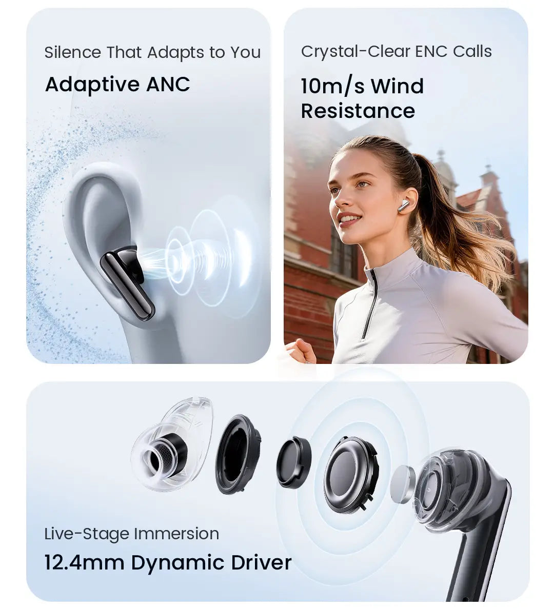 Écouteurs sans fil Haylou FlowBuds N55 noirs avec annulation adaptative du bruit et un haut-parleur dynamique de 12,4 mm, intégrés dans un étui de charge, pour des appels d’une clarté exceptionnelle et une autonomie prolongée.